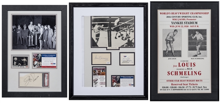 4 Boxing Greats - Dempsey, Tunney, Louis & Schmeling Signed Cuts In 2 Framed Displays & Framed Boxing Poster (PSA/DNA & JSA)